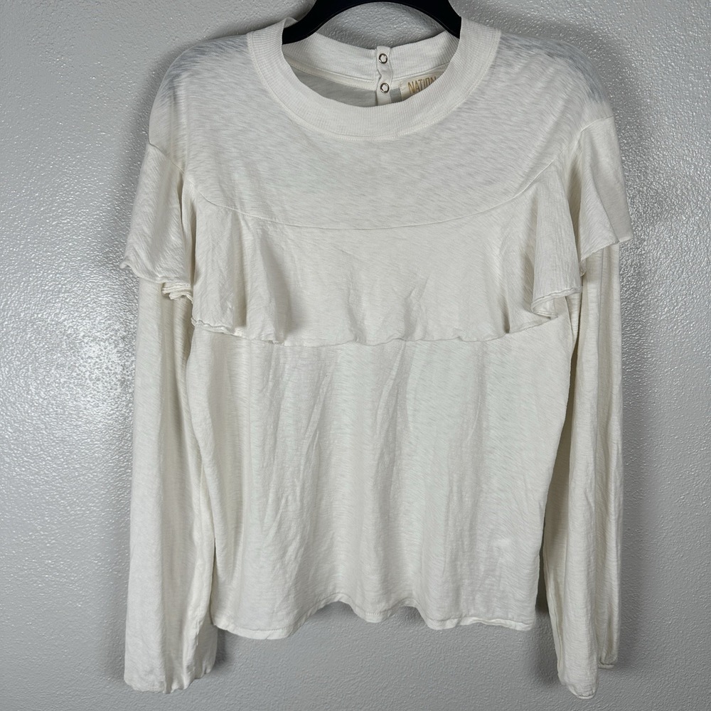 Nation LTD Ruffled Ruffle Long Sleeve Blouse Medium Pima Cotton‎ Ivory Snap Back